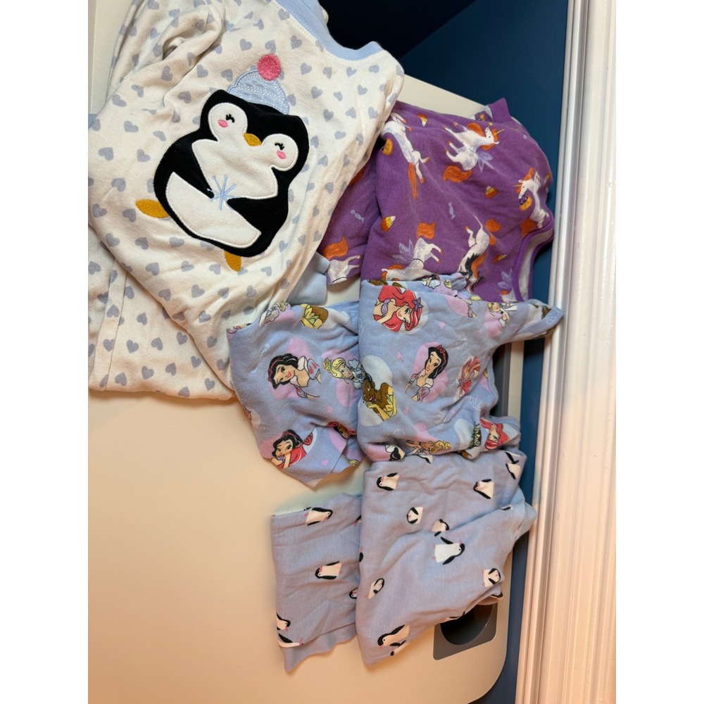 Carters Pajama Lot Kids 5T Sleepwear Disney Princess Unicorn Penguin Cotton 4pc
